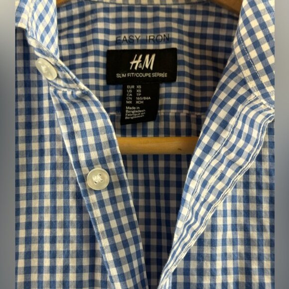 H&M Slim Fit Checkered Button Down Shirt Blue-White Men Size XS - Picture 2 of 3